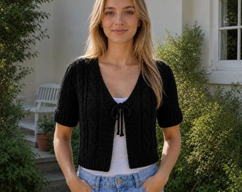 Black Crochet Cardigan, Cable Knit V Neck Sweater, Handmade Tie Front Knit Top, Short Sleeve Cropped Cardigan, Gothic Style