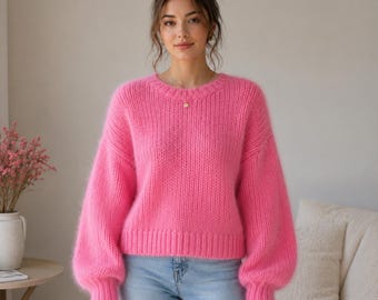 Pink Fuzzy Mohair Sweater Women, Hand Knitted Fluffy Pullover, Soft Oversized Knitwear, Cozy Gift for Her,Duty Paid USA Shipping