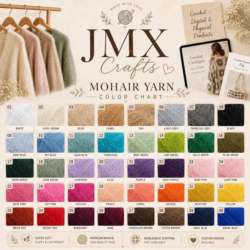 May include: A JMX Crafts mohair yarn color chart featuring forty numbered swatches in various colors, including white, blues, greens, pinks, and browns. The display includes text labels for each color and a digital tablet showing crochet patterns.