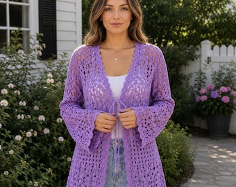 Crochet Cardigan, Lavender Crochet Sweater Women, Handmade Cardigan, Open Front Crochet Cardigan, Lace Cover Up, Boho Gift for Her