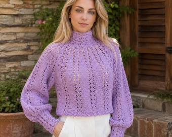 Crochet Sweater, Lace Turtleneck Top, Openwork Pullover, Balloon Sleeve Cropped Sweater, Lilac Boho Handmade Women’s Top, gift for her