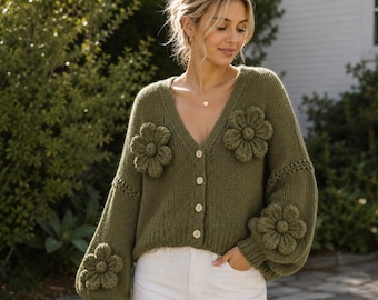 Crochet Sweater, Flower Knit Sweater, Green Sweater Women, Handmade Knit Sweater, Balloon Sleeve Knit, Cozy Cardigan, Gift for Her