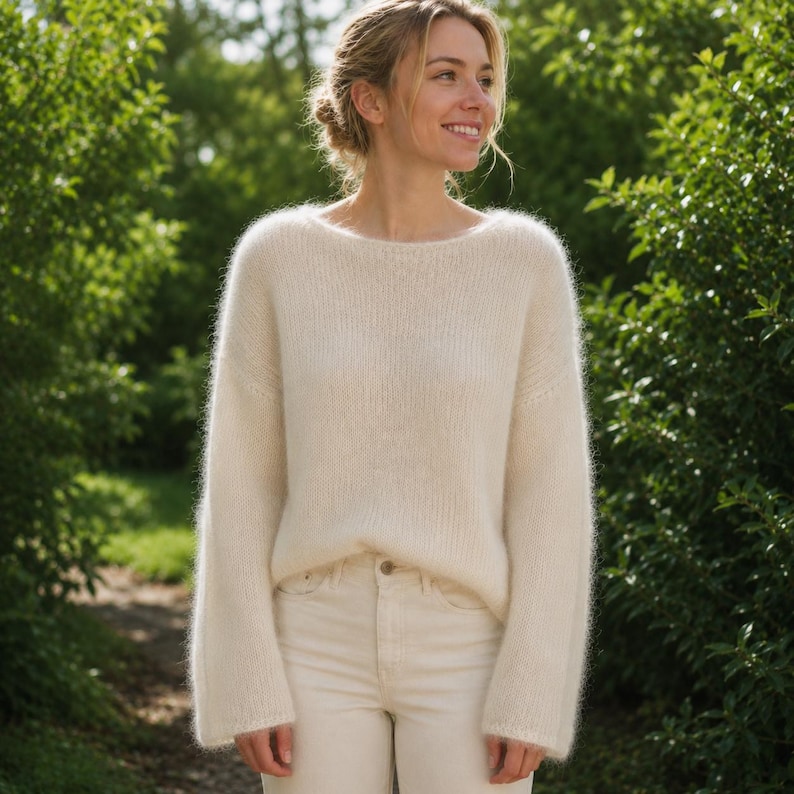 Handmade Mohair Sweater, Fluffy Mohair Pullover, Oversized Ivory Knit Jumper, Soft Fuzzy Winter Sweater, Gift for Her,Duty Paid USA Shipping image 3