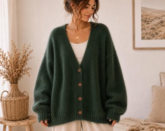 Green Mohair Cardigan Women, Fluffy Mohair Sweater, Oversized Mohair CardiganStyle, Soft Chunky Knit Button Up Cardigan, Gift for her