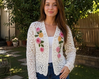 Floral Crochet Cardigan for Women, Handmade Flower Sweater, Cream Ivory Lace Knit Cardigan, Boho Cottagecore Crochet Clothing, gift for her