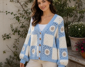 Crochet Granny Square Cardigan, Blue Floral Sweater, Handmade Patchwork Cardigan, Boho Cottagecore Sweater, Cozy, Gift for Her