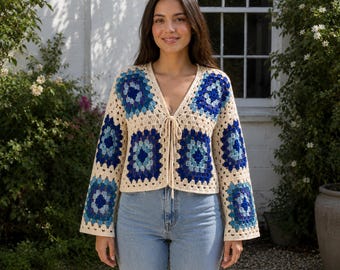 Crochet Granny Square Cardigan,Blue Cream Handmade Sweater,Boho Patchwork Crochet Top,Tie Front Women’s Cardigan,Cottagecore, Gift for her