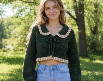 Crochet Sailor Collar Sweater, Green Cropped Knit Top, Handmade Ruffle Sweater, Cottagecore Pullover, Vintage Inspired, Gift for her