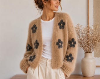 Mohair Cardigan Women, Fluffy Floral Cardigan,Handmade Fuzzy Knit Sweater,Oversized Boho Mohair Cardigan,Gift For Her,Duty Paid USA Shipping