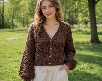 Crochet Cardigan, Cropped V Neck Sweater, Handmade Button Front Knit Cardigan, Textured Long Sleeve Cottagecore Fall Top, gift for her