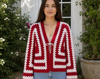 Crochet Cardigan, Handmade Women Sweater, Boho Crochet Jacket, Tie Front Button Cardigan, Cozy Artisan, Gift for her