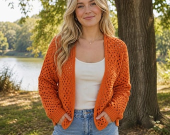 Crochet Cardigan, Orange Crochet Sweater Women, Handmade Cardigan, Open Front Crochet Cardigan, Boho Fall Sweater, Gift for Her
