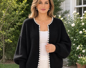 Crochet Cardigan, Black Knit Cardigan, Pearl Embellished Cardigan, Open Front Knit Cardigan, Elegant Sweater, Gift for Her
