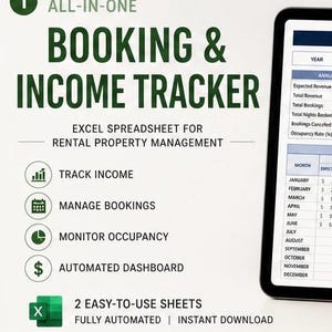 May include: A tablet screen shows a spreadsheet for rental property management, labelled "Booking & Income Tracker". The display includes financial data, occupancy rates, and revenue graphs. Text on the screen includes "Track Income" and "Manage Bookings".