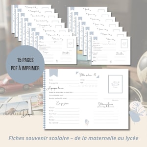 Può includere: Pagine di ricordi scolastici PDF stampabili con un design azzurro e bianco. Le pagine includono sezioni per foto, firme e dettagli personali. Il testo sulle pagine recita "15 PAGES PDF À IMPRIMER".