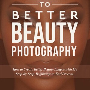 Op de afbeelding: Boekomslag met de titel "7-Step Guidebook to Better Beauty Photography" in witte tekst. De omslag toont een close-up van een gezicht met zichtbare wimpers en wenkbrauwen. De naam van de auteur, James Roundtree, staat onderaan.