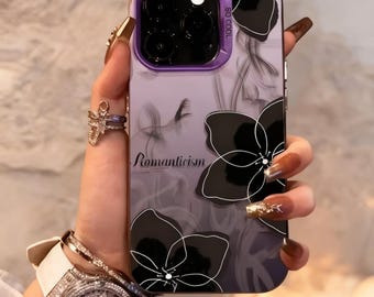 Funda vintage negra con estampado floral para iPhone, cubierta a prueba de golpes IMD plateada.
