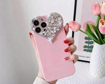 Funda para iPhone con forma de corazón y diamantes de imitación – Cubierta de TPU para protección de la lente