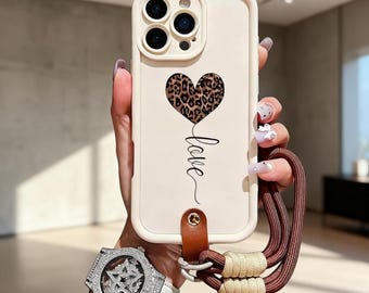 Funda para iPhone con cordón y estampado de corazón de leopardo – Funda protectora suave con correa y cuerda