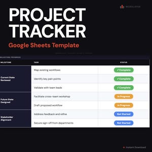 Può includere: Un modello di project tracker per Google Sheets, con il titolo "PROJECT TRACKER" in grandi lettere bianche. Il modello include una tabella con pietre miliari, attività e indicatori di stato, come "Completato" e "In corso".