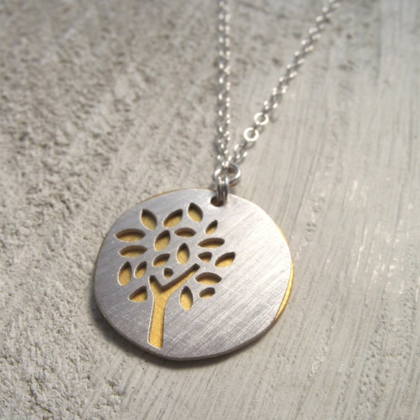 summer tree silhouette necklace - brushed silver with gold background- Christmas Gift- for her- stocking