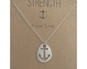 Anchor silhouette necklace - sterling silver - Strength Quote Card - Refuse to sink - inspirational jewelry - personalized -Christmas Gift