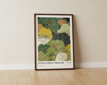 Może przedstawiać: Oprawiony prostokątny wydruk artystyczny zatytułowany KYOTO FOREST RESERVE JAPAN, przedstawiający stylizowaną ilustrację gęstego listowia leśnego w odcieniach zieleni, żółci i czerni, z japońskim tekstem フォレスト wydrukowanym pod głównym tytułem.