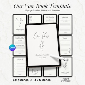 May include: A digital template for a 12-page vow book displayed on a tablet screen, featuring the text Our Vow Book Template, Our Vows, Amelia & Charles, and 11.24.2026. The layout includes multiple pages with lines and floral line art.