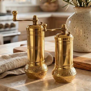 May include: Two polished brass manual spice grinders with crank handles and ornate embossed bases. The grinders feature a cylindrical body with horizontal grooved detailing and a wide, flared bottom section with intricate decorative patterns.