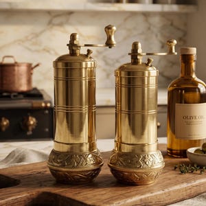 May include: Two cylindrical brass spice grinders with manual top-mounted cranks. Each grinder features a smooth upper body and a base decorated with intricate embossed floral patterns. The grinders are polished to a reflective gold finish.