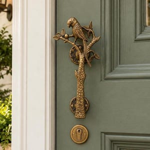 Poignée de porte en laiton antique en forme de perroquet, oiseau sur une branche d'arbre, pour porte d'entrée, placard et tiroir, décoration vintage, cadeau idéal pour les amoureux des oiseaux.