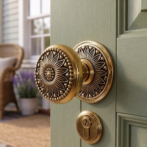 Brass Sunflower Door Knob, Heavy Floral Door Pull with Rosette, Unique Door Knobs, Centre Door Pull, Antique Front Door Hardware