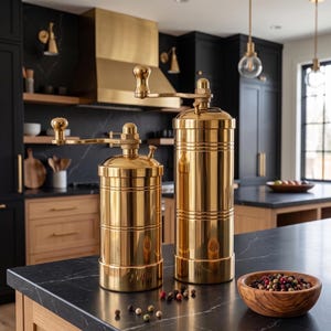 May include: Two cylindrical brass spice grinders with manual hand cranks on top. The grinders feature a polished metallic finish with horizontal grooved detailing. A small wooden bowl containing a mix of whole peppercorns sits nearby.