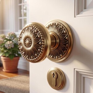 Brass Centre Front Door Knob with Rosette, Unique Door Knobs, Floral Entry Door Handle, Heavy Brass Interior Exterior Knob, Centre Door Pull