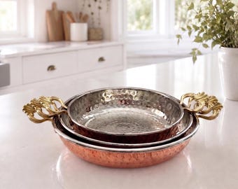 Kupferpfannen-Set, 3-teilig, gehämmertes Kupferpfanne, Eierpfanne, Stielkasserolle, türkische Kupferpfanne, Kupfertopf, Servierpfanne mit Griff, Kupferkochgeschirr
