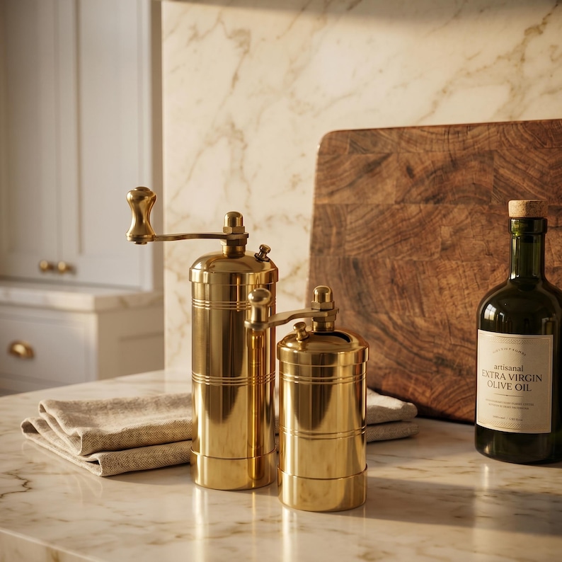 May include: Two brass pepper grinders with a wooden cutting board and a bottle of olive oil. The grinders are different sizes and have a classic design with a crank handle. The olive oil bottle is green with a white label.