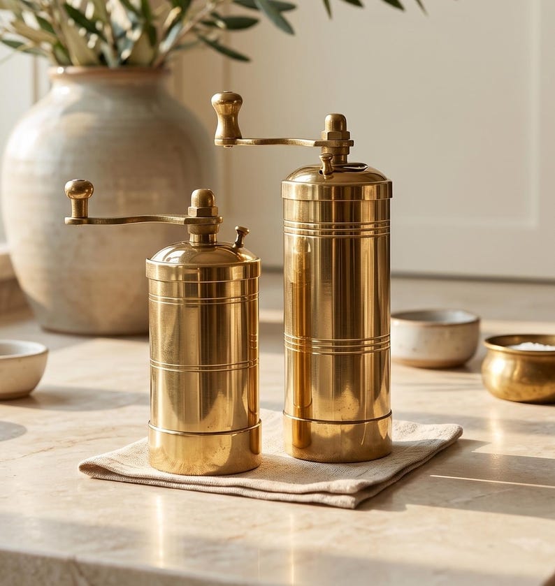 May include: Two cylindrical brass spice grinders with manual hand cranks on top. The grinders feature a polished metallic finish with horizontal grooved detailing along the body. Each unit has a small knob on the crank handle and a rounded top cap.