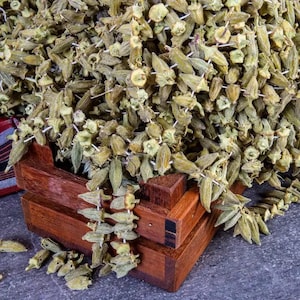 Peut inclure: Gros plan sur des herbes vertes séchées, possiblement du thé, présentées dans une boîte en bois. Les herbes sont attachées ensemble. La boîte est en bois foncé et posée sur une surface grise.