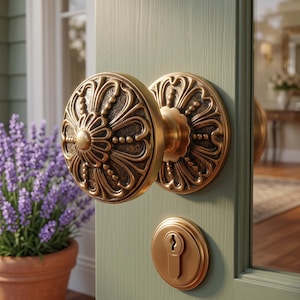 Tirador de puerta de latón con forma de flor y placa trasera, tirador fijo de latón antiguo, tirador de medallón victoriano, herrajes para puertas de estilo rústico.
