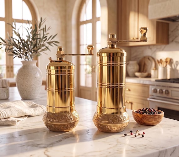 Handmade Brass Salt and Pepper Grinder Set, Turkish Pepper Mill, Coffee Grinder, Herb Grinder, Kitchen Decor Gift