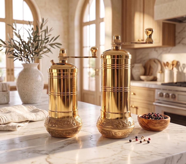 Handmade Brass Salt and Pepper Grinder Set, Turkish Pepper Mill, Coffee Grinder, Herb Grinder, Kitchen Decor Gift image 1
