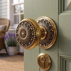 Puede incluir: Un pomo de puerta de latón pulido y una placa de cerradura a juego montados en una puerta de color verde salvia. El pomo presenta un patrón circular en relieve inspirado en un girasol con un borde de cuentas y una placa floral a juego.