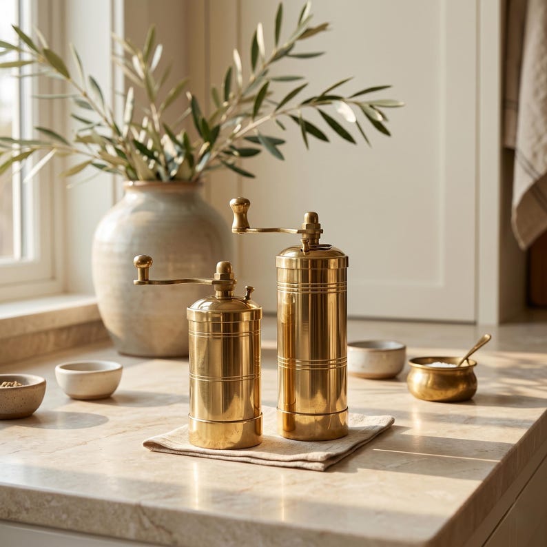 May include: Two cylindrical brass spice grinders with manual hand cranks positioned on a small cloth napkin. The grinders feature a polished metallic finish with horizontal grooved detailing along the body and a small knob on the top handle.