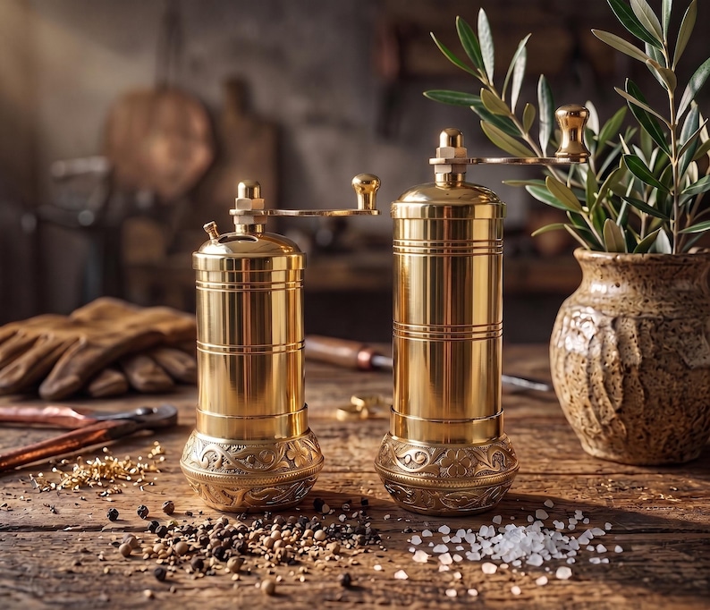 Handmade Brass Salt and Pepper Grinder Set, Turkish Pepper Mill, Coffee Grinder, Herb Grinder, Kitchen Decor Gift image 8
