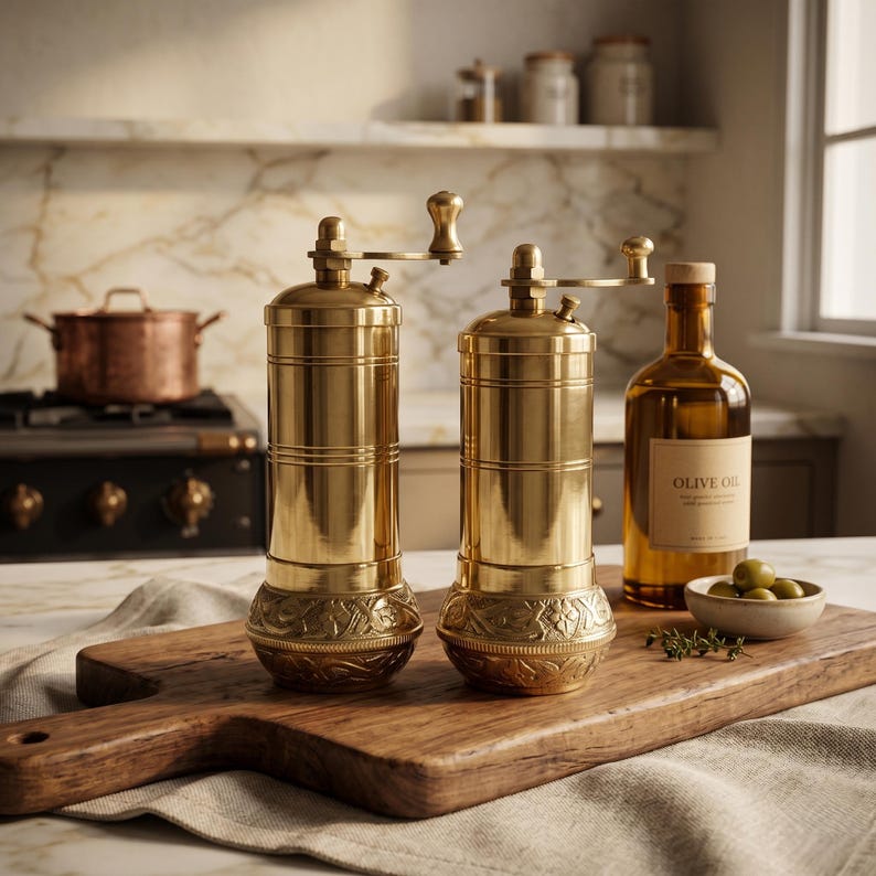 May include: Two cylindrical brass spice grinders with manual top-mounted cranks. Each grinder features a smooth upper body and a base decorated with intricate embossed floral patterns. The grinders are polished to a reflective gold finish.