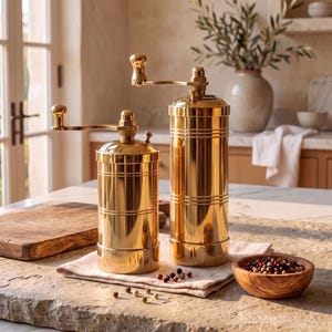 May include: Two cylindrical gold-colored metal spice grinders with manual hand cranks on top. The grinders feature a polished, reflective finish with horizontal grooved detailing around the body. They are positioned upright on a light-colored cloth.