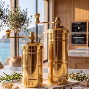 May include: Two cylindrical gold-toned metal spice grinders with manual hand cranks on top. The grinders feature a polished, reflective finish with horizontal grooved detailing around the body. They are positioned upright on a flat surface.
