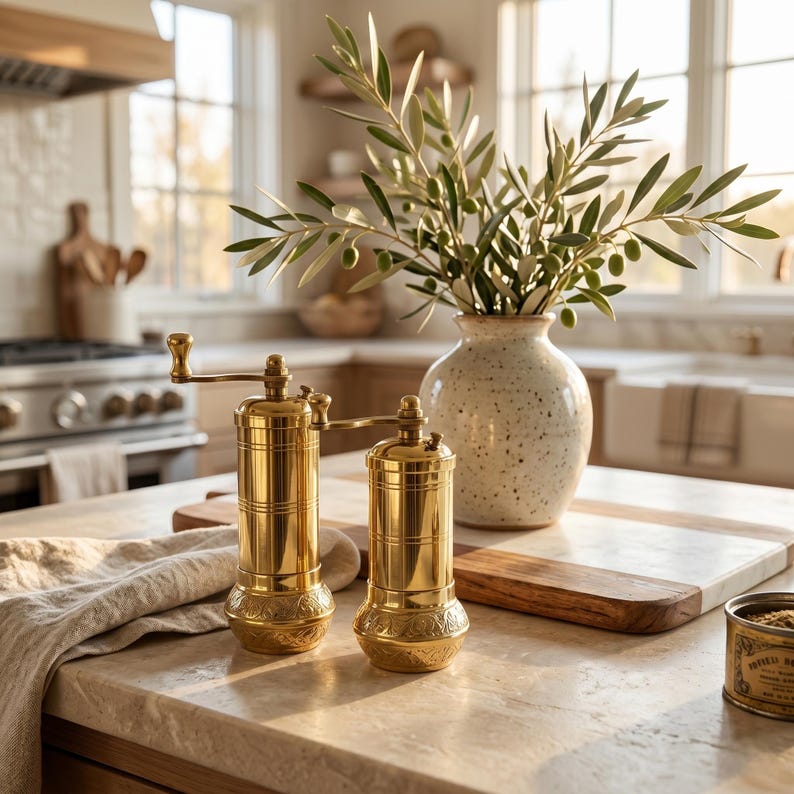 May include: Two polished brass manual spice grinders with crank handles and ornate embossed bases. The grinders feature a cylindrical body with horizontal grooved detailing and a wide, flared bottom section with intricate decorative patterns.