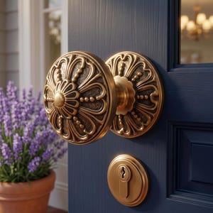 Brass Flower Door Knob with Back Plate, Antique Brass Fixed Door Pull Knob, Victorian Medallion Knob, Cottage Door Hardware
