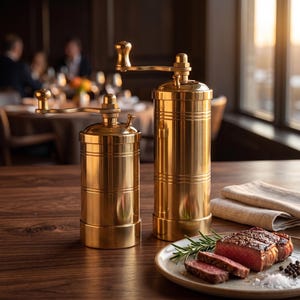 May include: Two cylindrical brass spice grinders with manual hand cranks on top. The grinders feature a polished metallic finish with horizontal grooved detailing. They stand upright on a wooden surface next to a plate containing sliced steak.